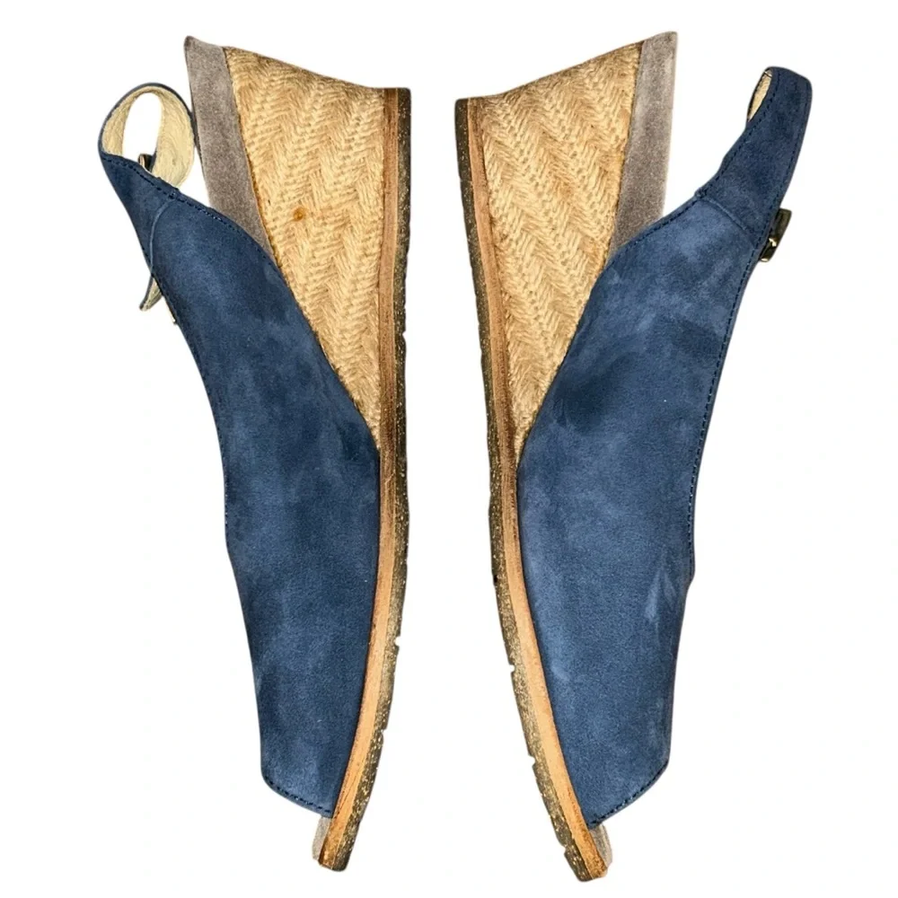 Wolky Blue Suede Peep‎ Toe Wedge Slingback Sandals Size 40 Comfort Shoes